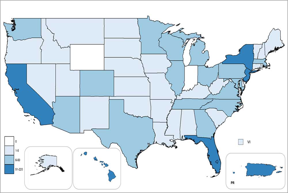 Map of the United States showing  Laboratory-positive travel-associated and locally-acquired dengue cases. See table below.