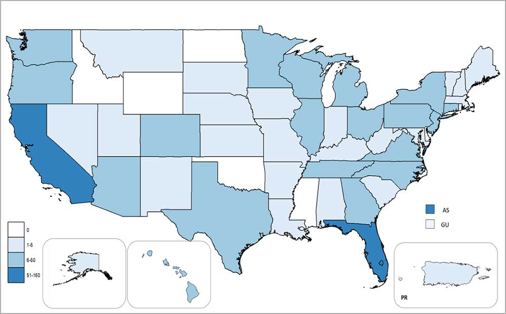 Map of the United States showing  Laboratory-positive travel-associated and locally-acquired dengue cases. See table below.