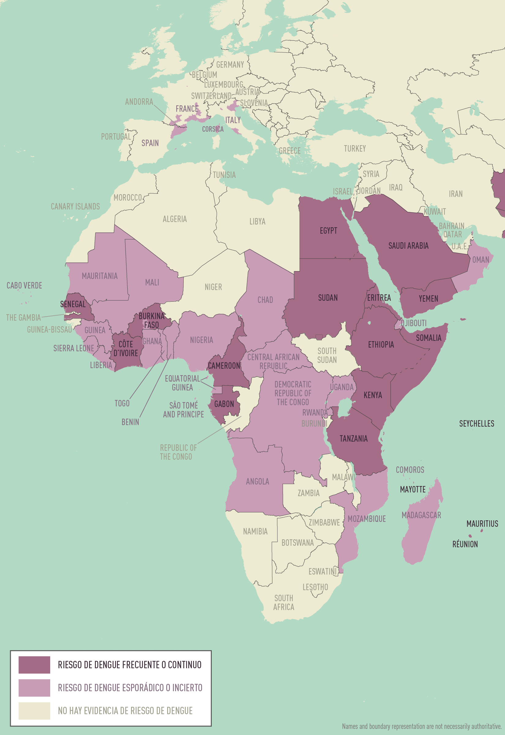 Un mapa regional del África, la Europa, y el Oriente Medio usando el color violeta para indicar el riesgo de dengue.