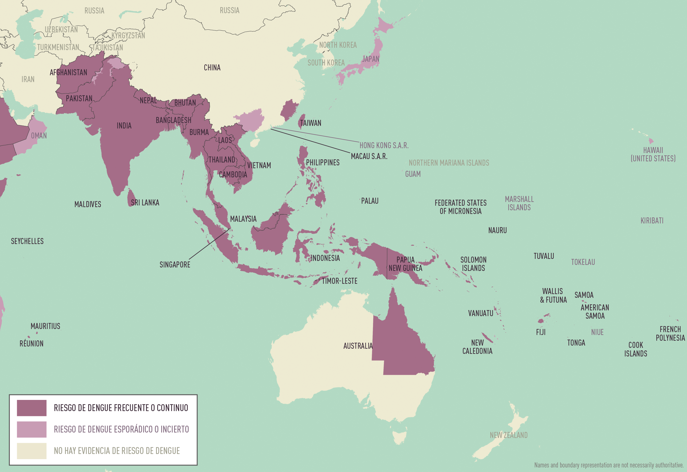Un mapa de Asia y Oceanía que demuestra el riesgo de dengue en la región usando varios tonos de violeta.