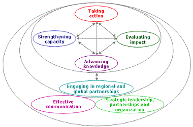 Figure 1 represents the 7 interrelated, thematic areas in the Action Plan. There are the five essential components: Taking Action, Strengthening Capacity, Evaluating Impact, Advancing Knowledge, and Engaging in Regional and Global Partnerships. And there are two overarching goals of Effective Communication and Strategic Leadership, Partnerships and Organization that relate to each of the five essential components. Please see text for discussion of each element.