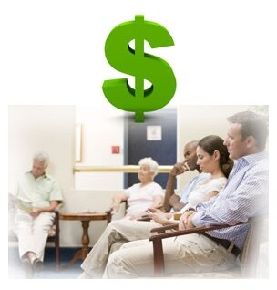 Photo collage of a waiting room at a hospital and a dollar sign.