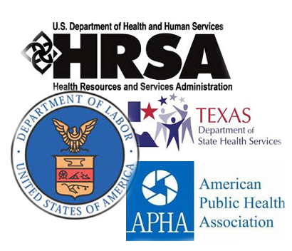 HRSA, Department of Labor, APHA, and Texas Department of State Health Services logos.