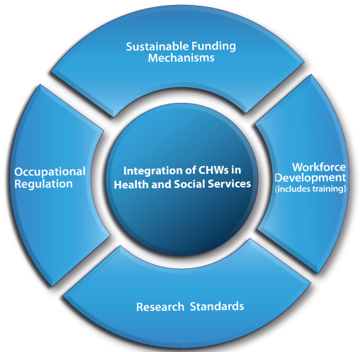 Circular graphic with an outer ring and an inner circle. The outer ring is broken into four parts: Sustainable Funding Mechanisms, Workforce Development (includes training), Research Standards, and Occupational Regulation. The inner circle is labeled Integration of CHWs in Health and Social Services.