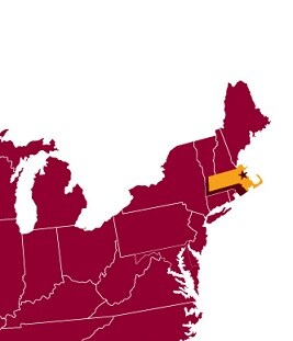 Map of the United States with Massachusetts highlighted.