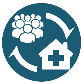 Icon showing group of people with an arrow pointing to a hospital.