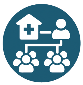 Icon depicting groups of people working with local health workers.