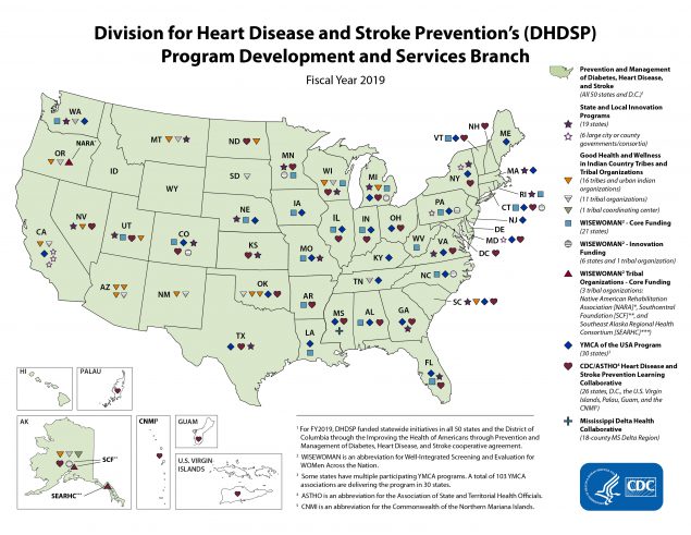 A map of the United States and U.S. territories showing funded initiatives by DHDSP for the prevention and management of diabetes, heart disease, and stroke. For fiscal year 2019, DHDSP funded statewide initiatives in all 50 states and the District of Columbia through the Improving the Health of Americans through Prevention and Management of Diabetes, Heart Disease, and Stroke cooperative agreement.