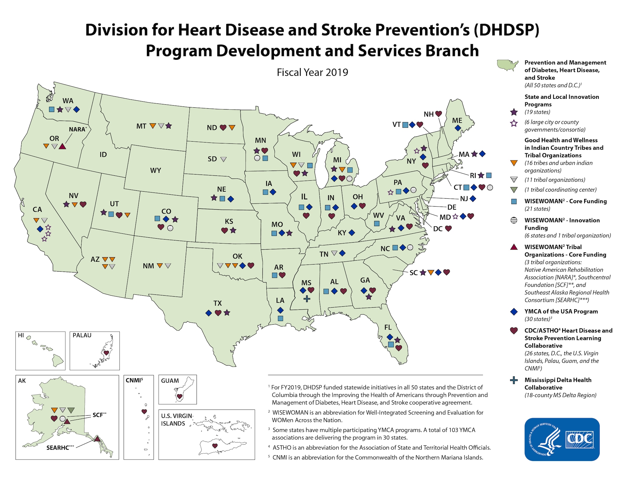 This map of the continental United States, Alaska, and Hawaii shows the range of Division of Heart Disease and Stroke Prevention Programs for fiscal year 2019. In FY 2019, DHDSP funded statewide initiatives in all 50 states and the District of Columbia to prevent, manage, and reduce risk factors associated with heart disease and stroke.