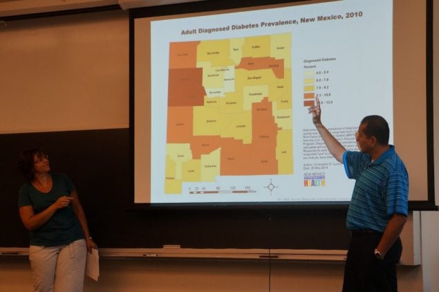 Presenters showing a chart of New Mexico diabetes prevalence map.