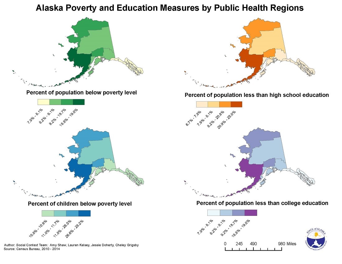 Health Equity is a priority of the Alaska Division of Public Health. These maps aim to illustrate a few key social context variables throughout the state of Alaska to help a variety of programs as they consider social context in their attempts to address disparities in health promotion efforts.