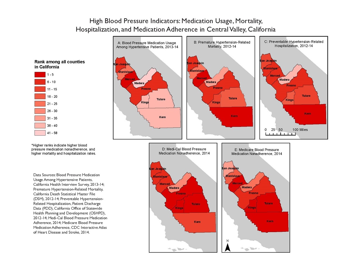 This map displays five maps all related to blood pressure and medication adherence in eight California counties in California’s Central Valley: San Joaquin, Stanislaus, Merced, Madera, Fresno, Kings, Tulare, and Kern counties. Each of these five maps show the relative ranks of the eight counties listed above as they rank within the state of California counties as a whole (ranked 1 to 58 from worst to best).