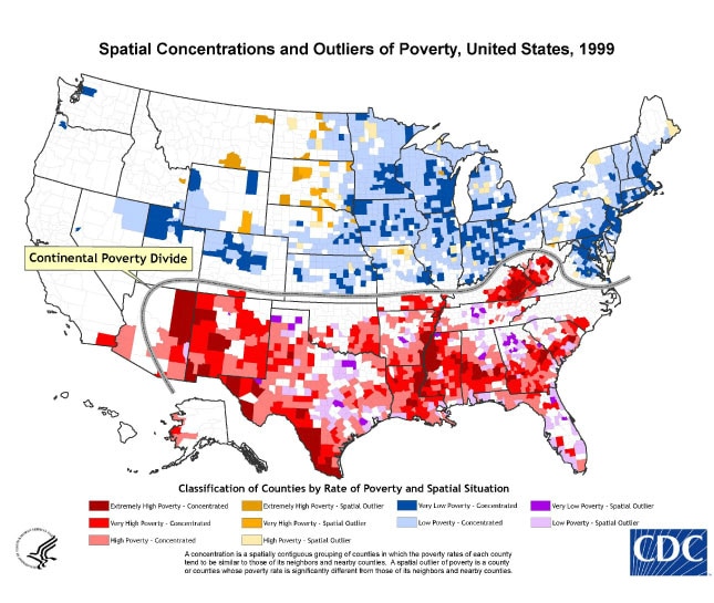Spatial Concentrations and Outliers of Poverty, United States, 1999