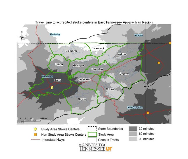 Travel time to accredited stroke centers in East Tennessee Appalachian Region. Reprinted from Annals of Epidemiology Vol 20 Issue 12, Investigation of Disparities in Geographic Accessibility to Emergency Stroke and Myocardial Infarction in East Tennessee Using Geographical Information Systems and Network Analysis, 924-930 (2010), with permission from Elsevier