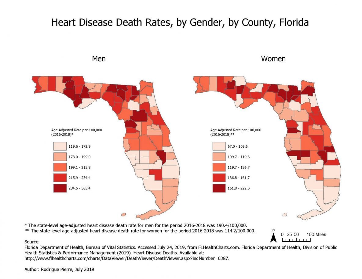 This map shows heart disease death rates at the county level by gender for the state of Florida, all ages, for the period 2016-2018. For women, rates ranged from 67.0 to 222.0 per 100,000 with a state average of 114.2 per 100,000.  For men, rates ranged from 119.6 to 363.4 per 100,000 with a state average of 190.4 per 100,000.  Among counties in the top quintile for women (death rates 161.8 - 222.0 per 100,000), eight: Baker, Calhoun, Columbia, Duval, Madison, Suwannee, Union, and Washington Counties were located in the northern regions of Florida; three: Hardee, Indian River, and Manatee Counties in the southern regions; and two: Hernando and Okeechobee Counties in the central regions. Among counties in the top quintile for men (death rates 308.1 – 382.3 per 100,000), ten: Baker, Bay, Gulf, Hamilton, Holmes, Liberty, Madison, Suwannee, Union, and Washington Counties were found in the northern regions of the state and three: Citrus, Marion, and Okeechobee Counties in the central regions.   Among counties in the bottom quintile for women (death rates 67.0 - 109.6 per 100,000), seven: Charlotte, Collier, Glades, Miami-Dade, Monroe, Palm Beach, and Sarasota Counties were seen in the southern regions of Florida; six: Alachua, Clay, Gulf, Jackson, Leon, and St. Johns Counties in the northern regions; and two: Sumter and Saint-Lucie Counties in the central regions. Among counties in the bottom quintile for men (death rates 119.6 – 172.9 per 100,000), ten: Charlotte, Collier, Desoto, Glades, Hardee, Indian River, Lee, Palm Beach, Manatee, and Sarasota Counties were found in the southern regions of Florida; three: Alachua, Franklin, and St Johns Counties in the northern regions; and one: Martin County in the central region.