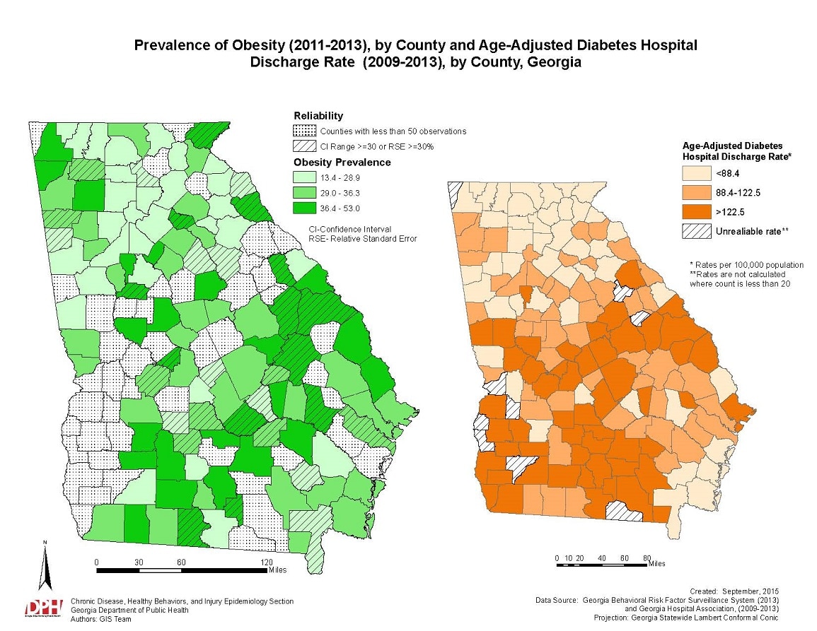 Prevalence of Obesity (2011-2013), by County and Age-Adjusted Diabetes Hospital Discharge Rate (2009-2013), by County, Georgia