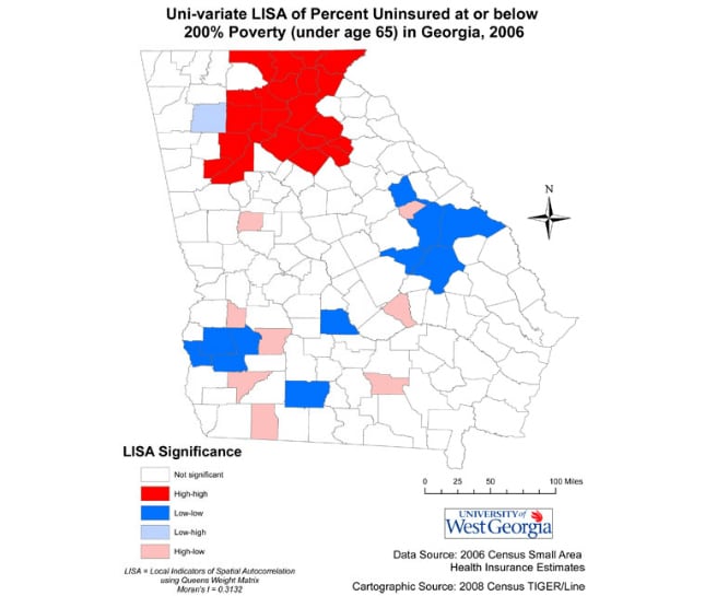 Spatial Variations in Health Insurance Coverage for Lower Income Population in Georgia Counties, 2006
