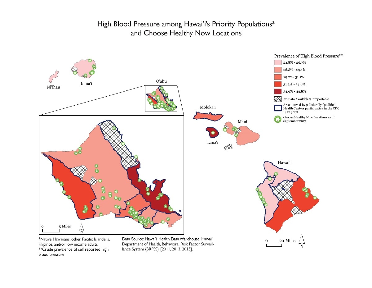 This map shows self-reported crude-prevalence of hypertension among Native Hawaiian, other Pacific Islander, Filipino, and/or low-income adults, Hawaii’s priority population for the 1422 Cooperative Agreement, from the 2013 and 2015 Behavioral Risk Factor Surveillance System. Prevalence of high blood pressure was classified in quantiles, by community. Communities served by a federally qualified health center (FQHC) were highlighted with a thick, blue border, and Choose Healthy Now locations were symbolized with a white circle with a green border to mimic the Choose Healthy Now logo. Rural communities tended to have higher rates of hypertension than urban communities.