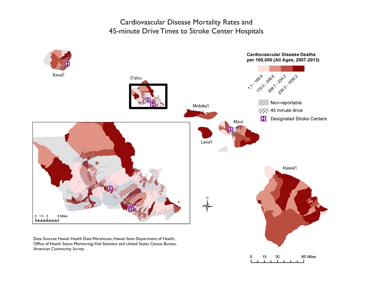 This choropleth map displays state-level cardiovascular disease mortality rates per 100,000 people by census tract for the state of Hawaii, ages 18–65 years, for the years 2007–2013. Many of the communities with the highest rates of mortality—from 234.3 to 1830.2 per 100,000—are located more than 45 minutes from the nearest designated stroke center. There is an inset map of the island of O‘ahu that shows a magnified view of the drive time analysis, location of the designated stroke centers, and highest areas of cardiovascular disease burden.