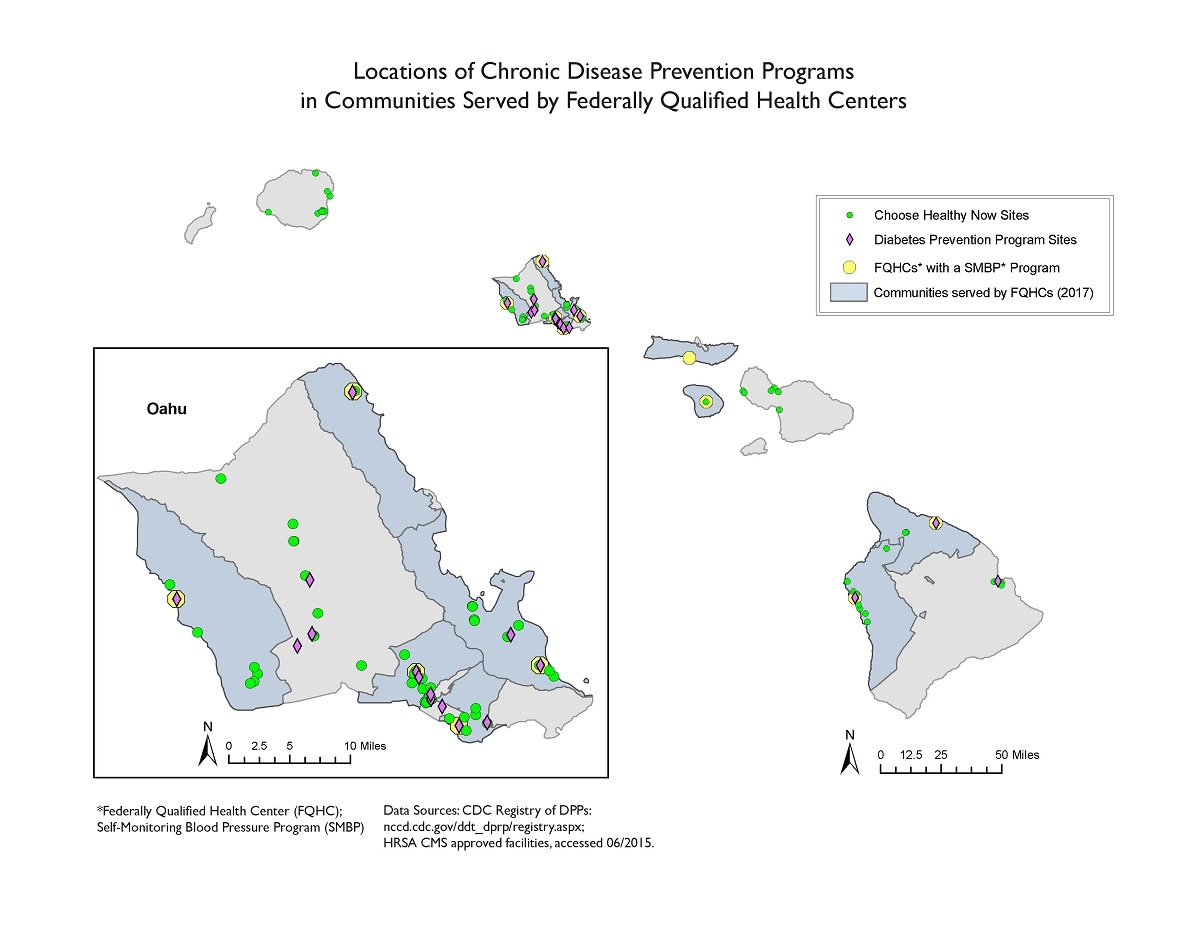 Map of Hawaii showing the locations of Choose Healthy Now sites as small, green circles, diabetes prevention program sites as purple diamonds, and federally qualified health centers (FQHCs) that have self-measured blood pressure monitoring programs as yellow circles. Communities served by FQHCs are indicated with light blue coloring.