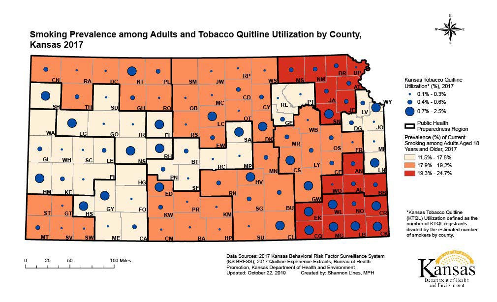 This map displays region-level current smoking prevalence among adults aged 18 years and older in 2017. Kansas divides the state into 16 Public Health Preparedness Regions displayed as a black border around the counties. In addition, this map features the estimated 2017 Kansas Tobacco Quitline utilization rates by county.