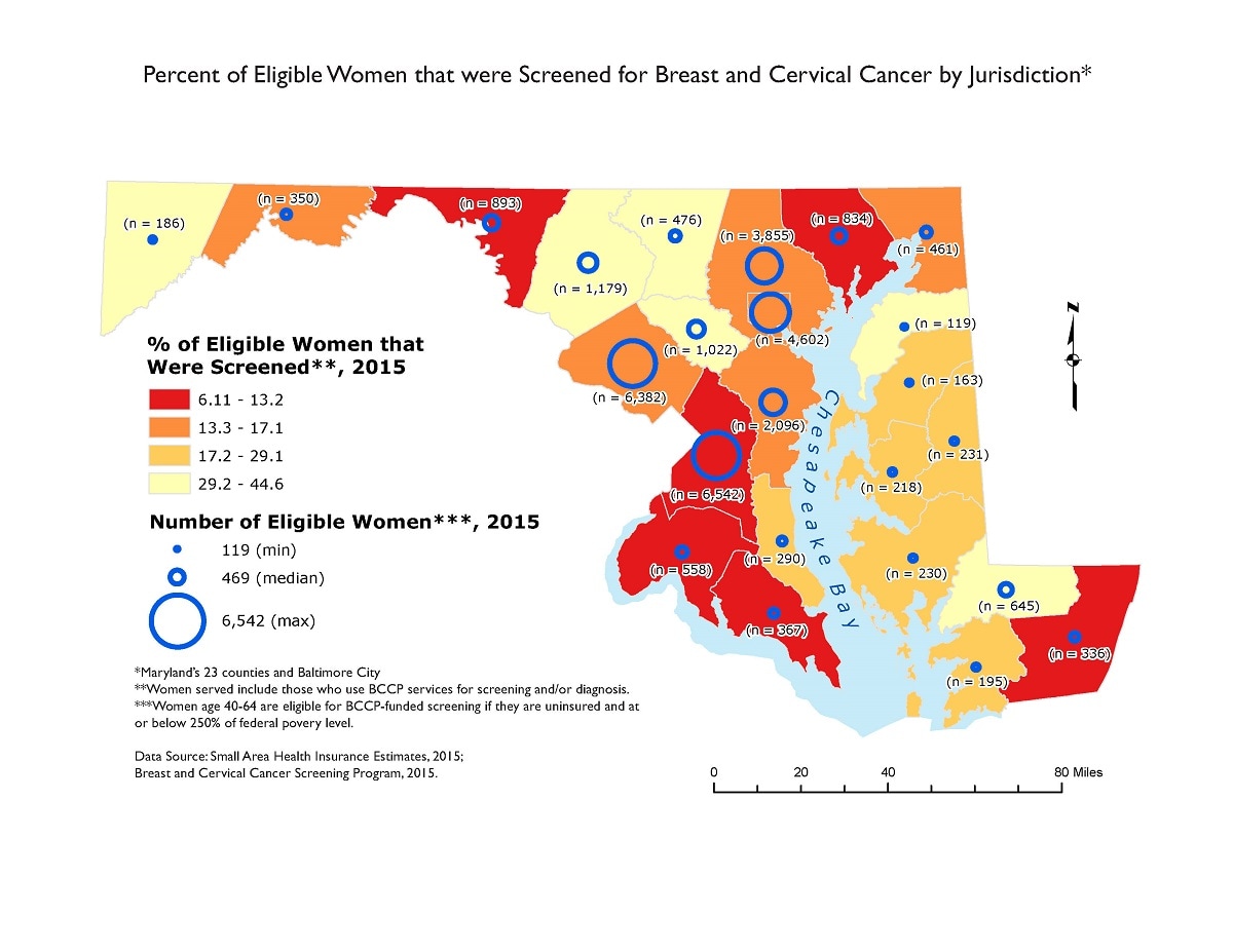 The choropleth map indicates the percentage of eligible women who received breast and cervical cancer screening, diagnosis, or patient navigation services from the Maryland Department of Health’s Breast and Cervical Cancer Program (BCCP). Red indicates the lowest percentage of eligible women served, and yellow indicates the highest percentage of eligible women served. In each local jurisdiction, the blue circle is proportionate to the total number of women eligible for BCCP services in that jurisdiction.