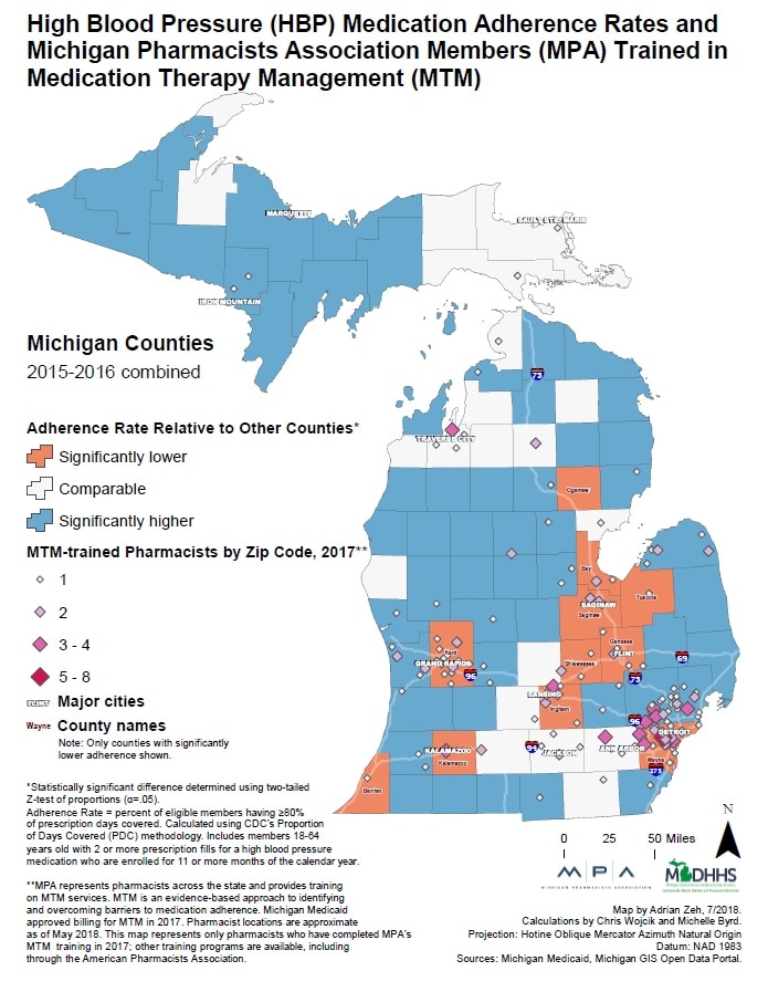 This map shows results of statistical significance testing of differences between county-level medication adherence rates for the combined 2015–2016 Michigan Medicaid population 18–64 years old. Berrien, Kalamazoo, Kent, Ingham, Wayne, Bay, Tuscola, Genesee, Saginaw, Shiawassee, and Ogemaw counties had statistically lower rates of medication adherence in comparison to all other counties. Washtenaw and Jackson counties and counties in the Traverse City area and the eastern Upper Peninsula had adherence rates comparable to all other counties. The map also shows the locations of Michigan Pharmacists Association (MPA) members trained in medication therapy management (MTM). Most pharmacists trained in MTM through MPA are located around population centers and match statistically lower counties relatively well. However, the overall number of pharmacists trained in MTM through MPA is fairly low due to administrative barriers and the newness of the training.