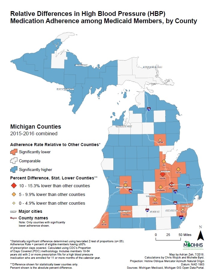 This map shows results of statistical significance testing of differences between county-level medication adherence rates for the combined 2015–2016 Michigan Medicaid population 18–64 years old. Berrien, Kalamazoo, Kent, Ingham, Wayne, Bay, Tuscola, Genesee, Saginaw, Shiawassee, and Ogemaw counties had statistically lower rates of medication adherence in comparison to all other counties. Washtenaw and Jackson counties and counties in the Traverse City area and the eastern Upper Peninsula had adherence rates comparable to all other counties. Genesee and Saginaw counties had the largest difference, with adherence rates 10 percent to 15.3 percent lower than all other counties.
