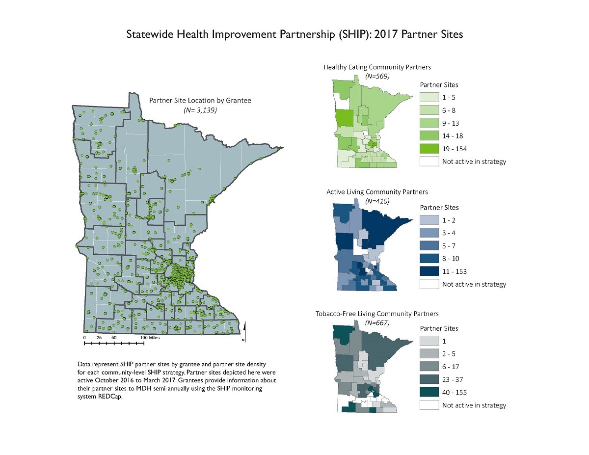 The map to the left depicts Statewide Health Improvement Partnership (SHIP) partners in Minnesota over SHIP regional boundaries (defined by groups of counties that share one or more community health boards). The series of three vertically stacked choropleth maps depicts the number of partners working on specific community-level SHIP strategies within each SHIP grantee region.