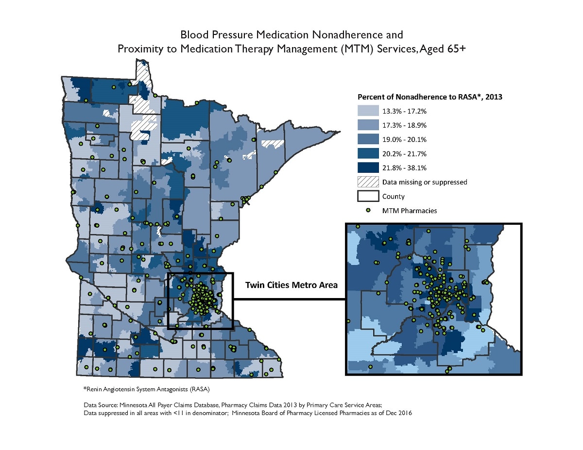 This map displays the percentage of Minnesotans aged 65 and older who are nonadherent to their blood pressure medications. In 2013, the highest levels of nonadherence--21.8 percent to 38.1 percent--are scattered throughout the state, with clusters in the inner Twin Cities, rural and exurban areas to the north of the Twin Cities, and scattered pockets in rural sections of southwestern, west central, and northwestern Minnesota. The lowest levels of nonadherence--13.3 percent to 17.2 percent--are scattered throughout rural parts of Minnesota. Retail and clinic-based pharmacies with at least one pharmacist credentialed to provide medication therapy management services are denoted with green dots.