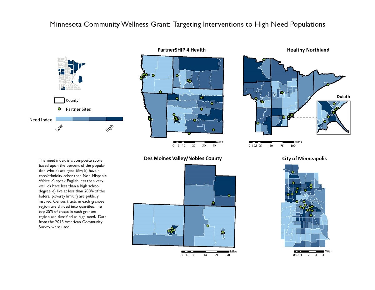 This map displays high need areas identified from census data and the distribution of grant partner sites of the Center for Disease Control and Prevention’s State and Local Public Health Actions to Prevent Obesity, Diabetes, Heart Disease, and Stroke (DP14-1422PPHF14) program, known as the Community Wellness Grant in Minnesota, during the third year of the grant cycle (2016). Approximately half of partner sites are located in high need census tracts, and more than 75 percent of partner sites are located in census tracts with a median-level need index.
