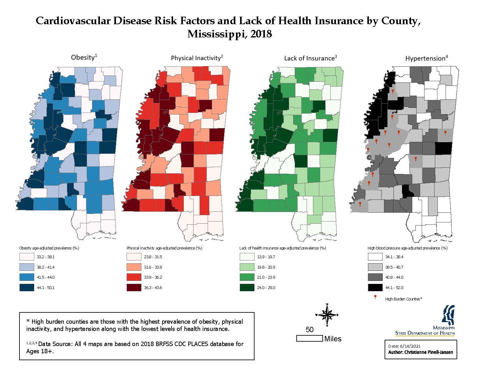 Cardiovascular Disease Risk Factors and Lack of Health Insurance by County, Mississippi, 2018