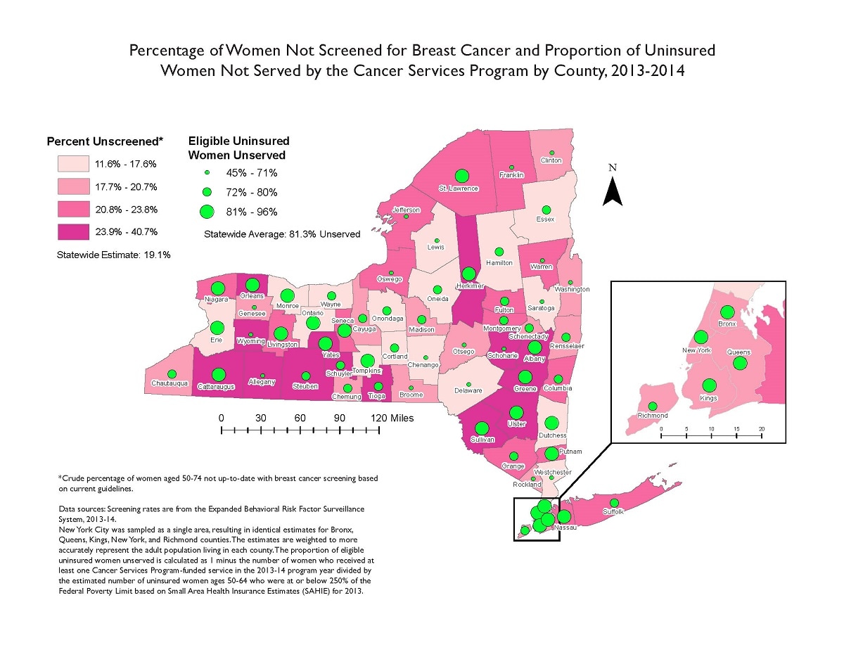 This map displays the percentage of women unscreened for breast cancer by county in New York State and the proportion of uninsured women who did not receive screening services through the New York State Cancer Services Program. Several counties have a large proportion of women who are unscreened, including parts of western and central New York. In addition, a large percentage of women who are eligible for screening services through the New York State Cancer Services Program are not being reached by the program, including women in several counties downstate and in western New York.