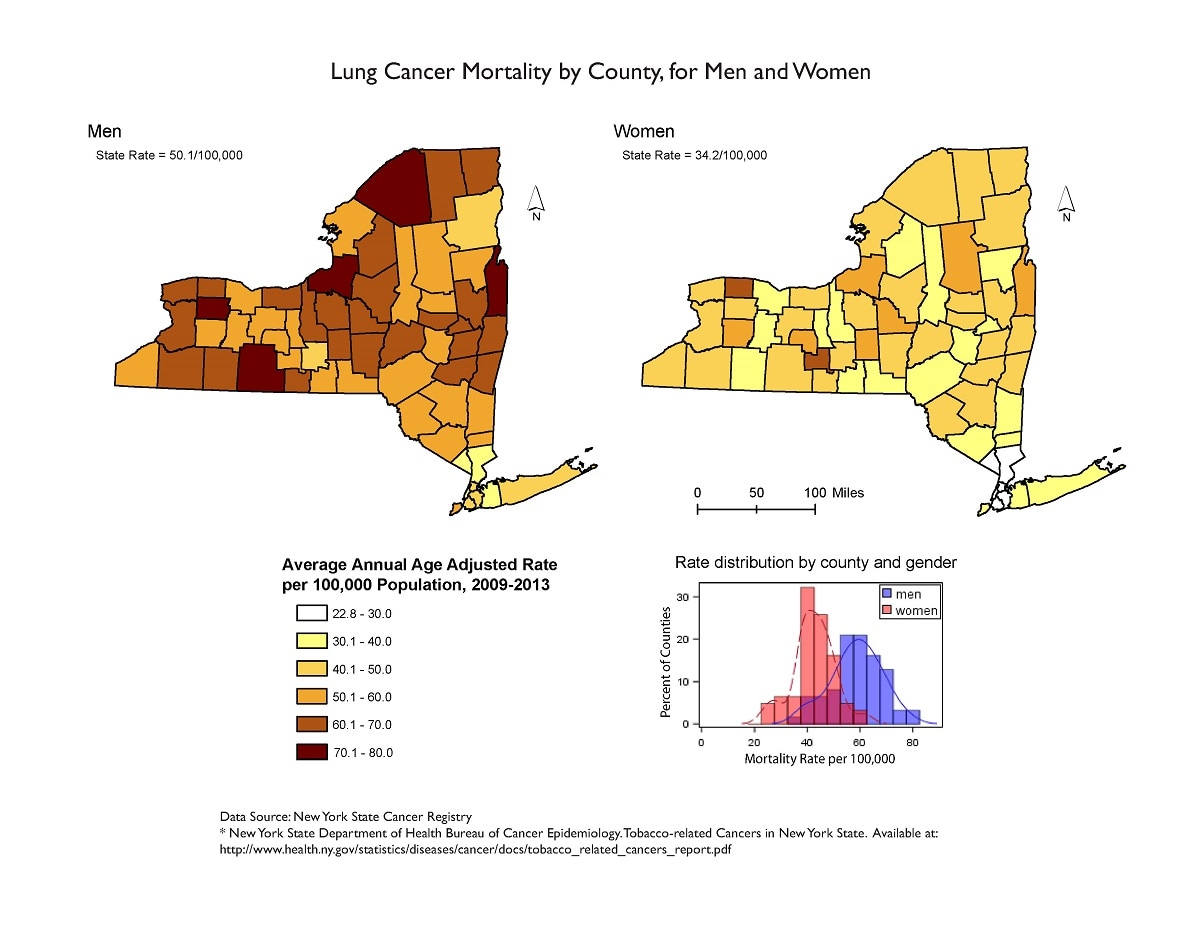 This map displays county-level mortality rates due to lung cancer by sex for New York State for the years 2009–2013. The state rate for men was 50.1 per 100,000 males. The state rate for women was 34.2 per 100,000 females.