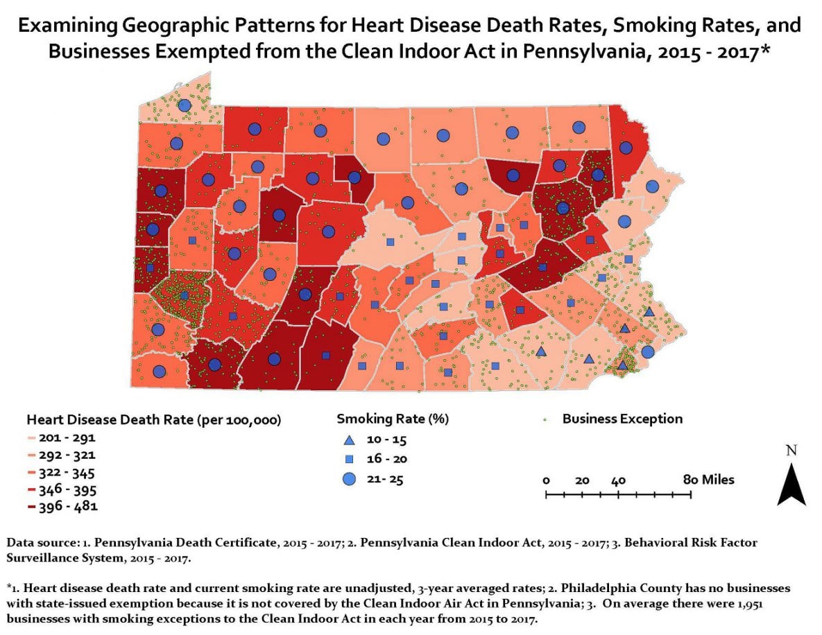 This map displays county-level heart disease mortality rates for the state of Pennsylvania for the years 2015-2017.  The highest rates (396 - 481 per 100,000) are located primarily in the southwest and northeast regions of the state, and lowest rates (201 - 291 per 100,000) are located primarily in the east and southeast regions of the state. The current smoking rate appears to be higher in areas where heart disease mortality rates were high. It also appears that some areas with high heart disease mortality rates had more businesses with smoking exception (i.e., businesses that allowed customers to smoke during business operation).