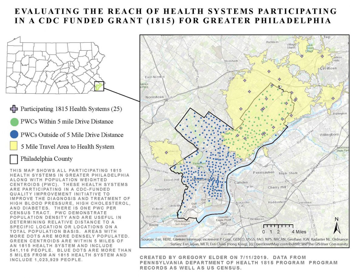 Participating 1815 health systems are those that are currently participating in a CDC-funded quality improvement intervention focused on utilizing technology to improve the diagnosis and treatment of patients with high blood pressure, high cholesterol, diabetes, and prediabetes.  This map displays all Philadelphia-area participating 1815 health systems, US Census tract level population weighted centroids, and a 5-mile drive analysis demonstrating how much of the population of Philadelphia is within a 5 mile drive an 1815 health system.  Most of the population within 5 miles of an 1815 health system is in the north and northeast sections of Philadelphia.  The other regions of the city have virtually no population within 5 miles of an 1815 health system.