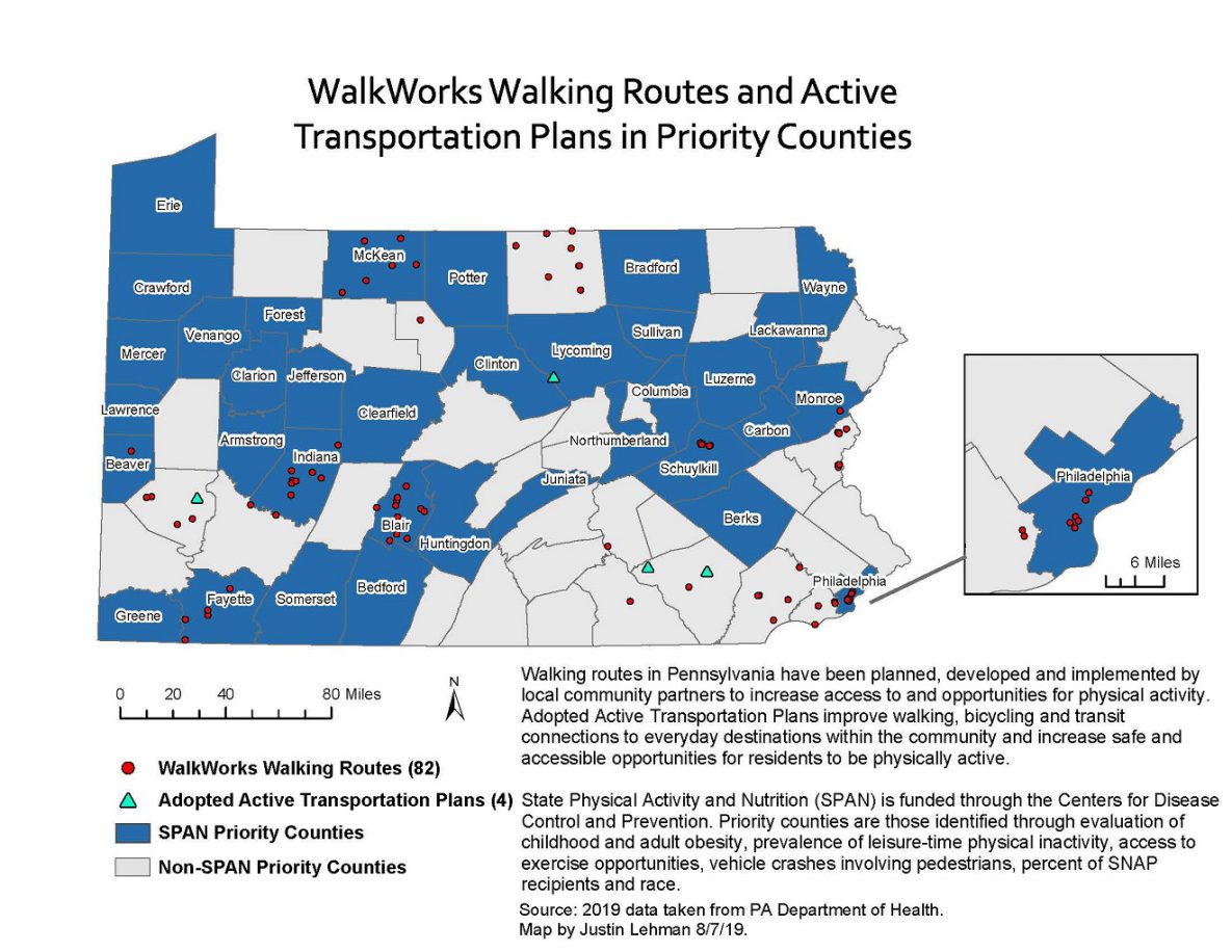 This map displays all State Physical Activity and Nutrition (SPAN) priority counties, the location of WalkWorks walking routes, and adopted active transportation plans. SPAN priority counties are highlighted in blue. WalkWorks walking routes are displayed as dots. Adopted active transportation plans are displayed as triangles. Geographically, highlighted counties tend to have a higher prevalence of leisure-time, physical inactivity, and higher overweight and obesity rates.