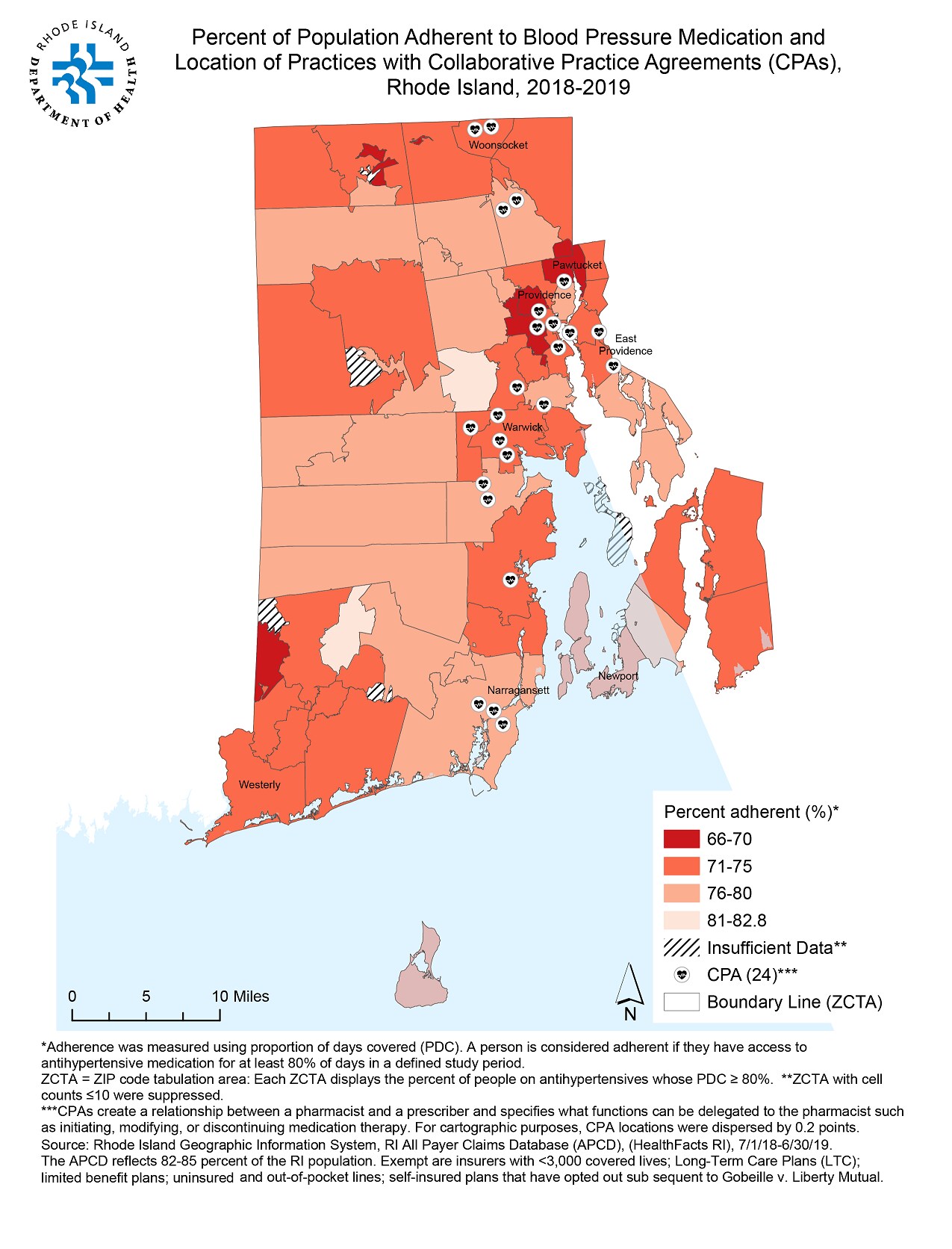 Percent of Population Adherent to Blood Pressure Medication and Location of Practices with CPAs, Rhode Island, 2018-2019
