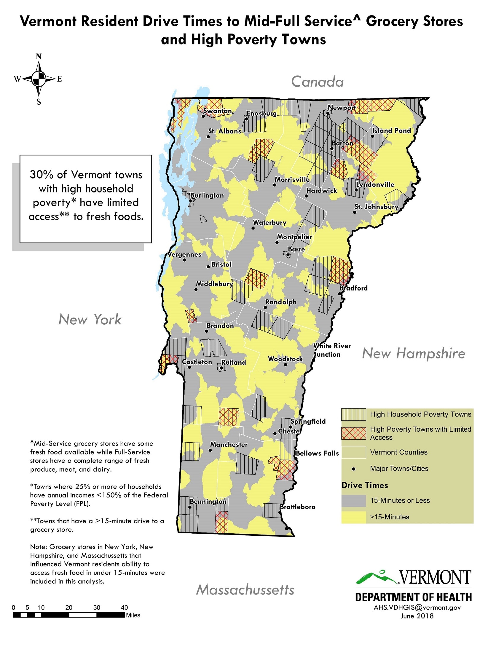 Vermont Resident Drive Times to Mid-Full Service Grocery Stores and High Poverty Towns