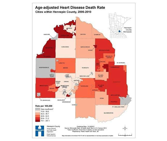Age-adjusted Heart Disease Death Rate: Cities within Hennepin County, 2006-2010