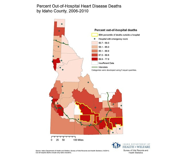 Percent Out-of-Hospital Heart Disease Deaths by County, 2006-2010