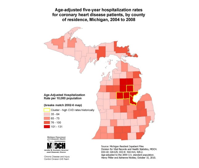 Age-adjusted five-year hospitalization rates for coronary heart disease patients, by county of residence, Michigan, 2004 to 2008