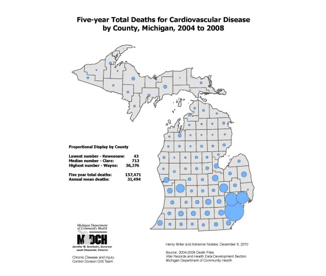 Five-year Total Deaths for Cardiovascular Disease by County, Michigan, 2004 to 2008