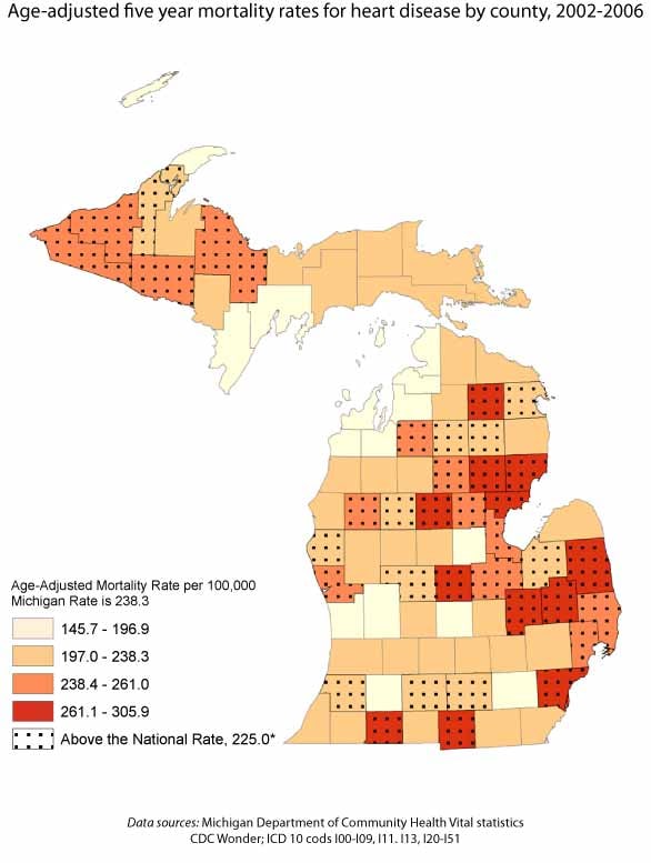 Age-adjusted five year mortality rates for heart disease by county, 2002-2006