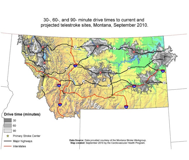 30, 60, and 90 minute drive times to current and projected telestroke sites, Montana 2010