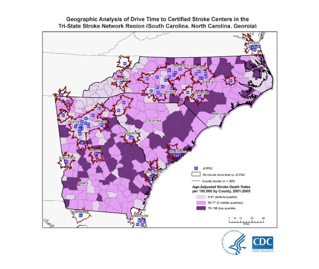 Geographic Analysis of Drive Time to Certified Stroke Centers in the Tri-State Stroke Network Region (South Carolina, North Carolina, Georgia)
