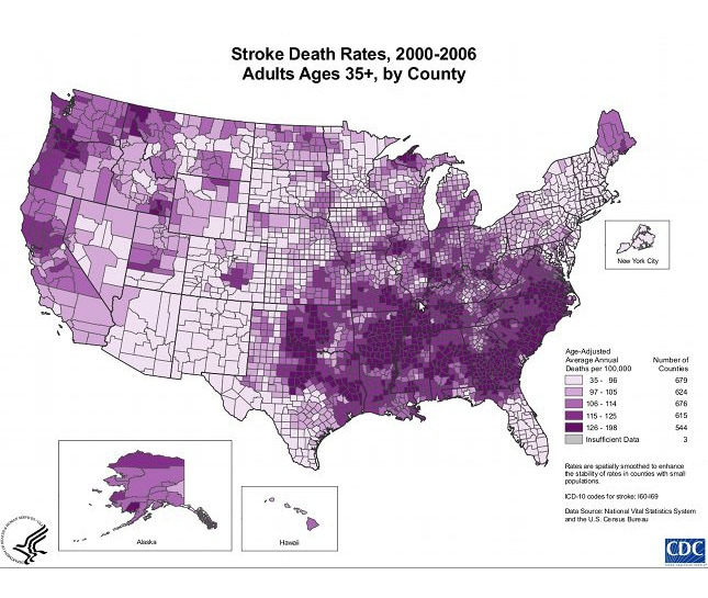 Stroke Death Rates, 2000-2006, Adults Ages 35+, by County