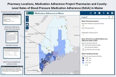 This is a graphic that consists of a screenshot of the main page of an interactive map of Maine, showing blood pressure medication adherence rates. The map shows that York County in the southernmost region of Maine has higher adherence rates, while Waldo County in south central Maine has significantly lower adherence rates.