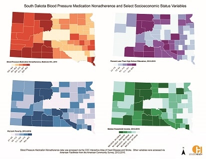 Data from the American Community Survey was used to examine patterns among select socioeconomic variables (percent poverty, percent less than high school education and median household income by county) in relation to blood pressure medication nonadherence to better understand potential health inequities. There appears to be correlation between medication nonadherence and the select socioeconomic variables. The highest rates among the socioeconomic variables are found in similar geographic locations to the highest rates of blood pressure medication nonadherence, specifically in the west central area of the state.