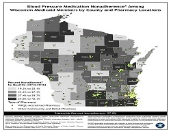 Sawyer and Milwaukee County have the highest nonadherence rates, and Iron and Florence County have the lowest nonadherence rates. Medication nonadherence is a statewide issue that needs to be addressed. Other indicators, such as demographics or population, will be included in future maps to better inform decisions.